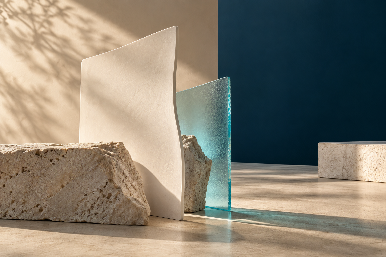 Composição editorial abstrata com porcelana, pedra clara e vidro azul